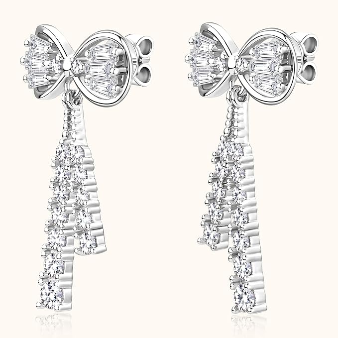 ONE PAIR: Gorgeous Bowknot stud drop dangle earrings MOISSANITE DIAMONDS D Color VVS1 Clarity Brilliant (2pcs)/5mm MOISSANITE diamonds, 1.0cttw per pair 18K White Gold