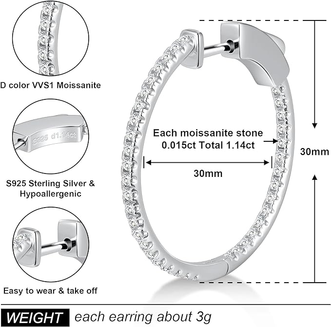 ONE PAIR: MOISSANITE Hoop Earrings for Women S925 Sterling Silver D Color VVS1 Round Cut Lab Created MOISSANITE Earrings Inside Out Round Loops Earrings Hypoallergenic Large Huggie Hoop Earrings  Color: 1.14ct