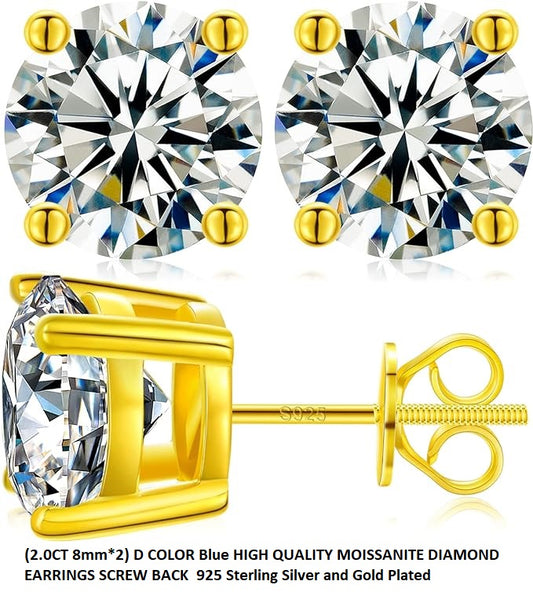 ONE PAIR: of Earrings 4.0 CARATS (2.0CT 8mm*2) D COLOR D COLOR Blue HIGH QUALITY MOISSANITE DIAMOND EARRINGS SCREW BACK 925 Sterling Silver and Gold Plated