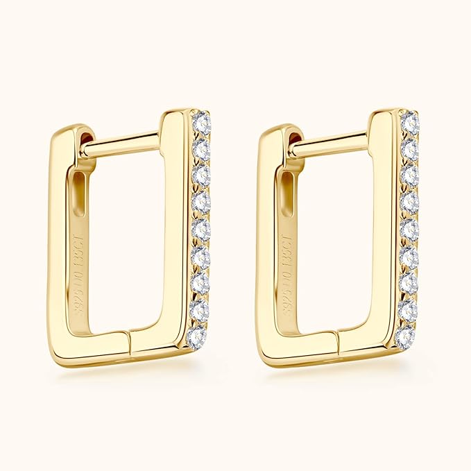 ONE PAIR: Gorgeous HOOP EARRINGS MOISSANITE DIAMONDS D Color VVS1 Clarity Brilliant Square Earrings 925 Sterling Silver 14K Gold Plated