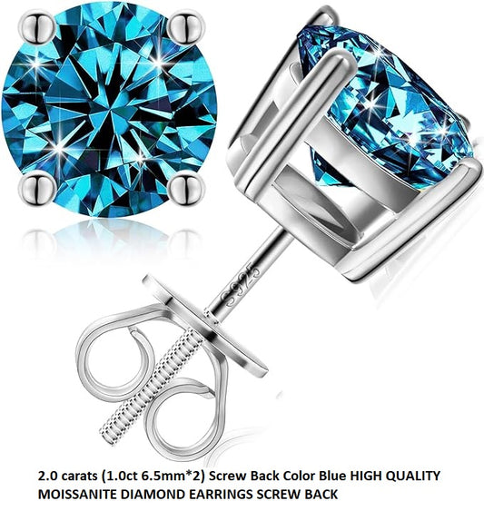 ONE PAIR: of Earrings 2.0 carats (1.0ct 6.5mm*2) Screw Back Color Blue HIGH QUALITY MOISSANITE DIAMOND EARRINGS SCREW BACK