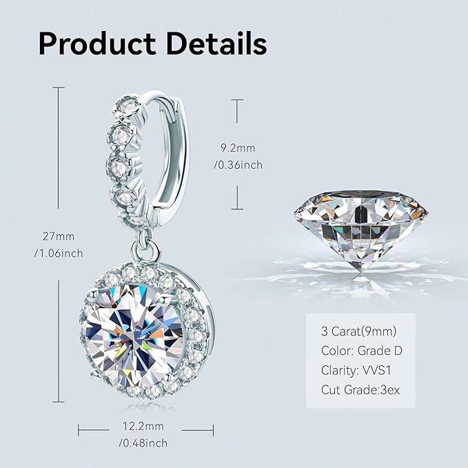 ONE PAIR:18K White Gold Plated in 925 Sterling Silver Huggie Hoop Earrings Dangle Drop Earrings HIGH QUALITY MOISSANITE DIAMOND Brilliant ROUND Cut 6ct (9mm/3ct*2)