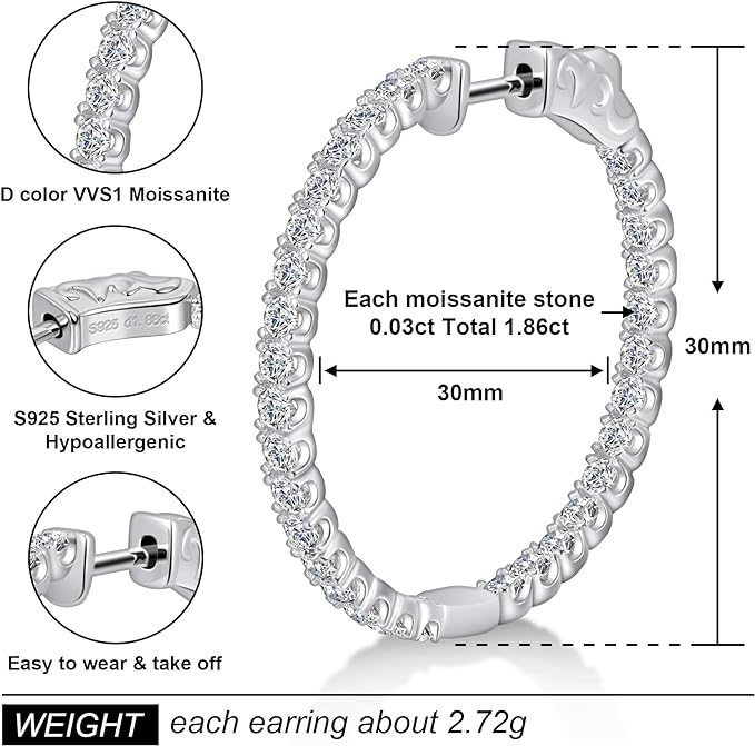 ONE PAIR: MOISSANITE Hoop Earrings for Women S925 Sterling Silver D Color VVS1 Round Cut Lab Created MOISSANITE Earrings Inside Out Round Loops Earrings Hypoallergenic Large Huggie Hoop Earrings  Color: 1.86ct