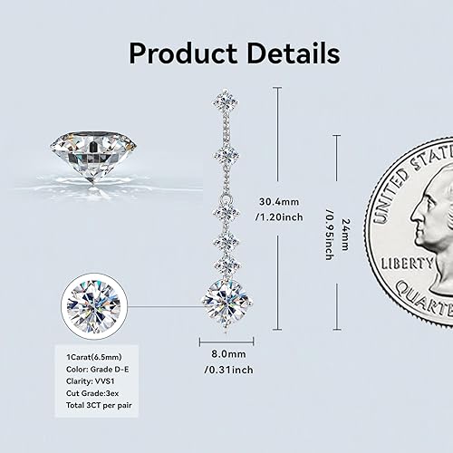 ONE PAIR: 925 Sterling Silver DROP MOISSANITE Earrings  Brilliant ROUND CUT Color: 30.5mm-White Gold 4CT HIGH QUALITY MOISSANITE DIAMOND