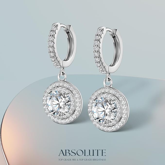 ONE PAIR: 925 Sterling Silver HOOP DROP MOISSANITE Earrings  Brilliant ROUND CUT HIGH QUALITY MOISSANITE DIAMOND 18 K White Gold Plated