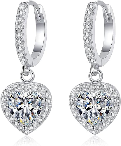 ONE PAIR: 925 Sterling Silver MOISSANITE DROP DANGLE HEART Earrings HIGH QUALITY MOISSANITE DIAMOND Brilliant ROUND CUT