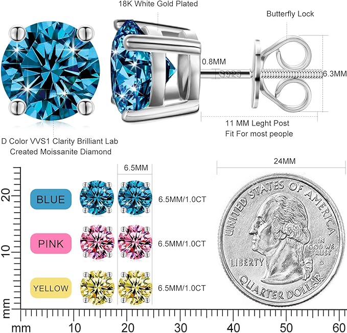 ONE PAIR: of Earrings 2.0 carats (1.0ct 6.5mm*2) Screw Back Color Yellow HIGH QUALITY MOISSANITE DIAMOND EARRINGS SCREW BACK