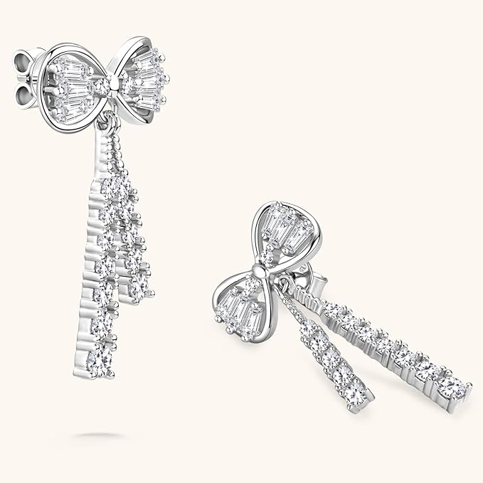 ONE PAIR: Gorgeous Bowknot stud drop dangle earrings MOISSANITE DIAMONDS D Color VVS1 Clarity Brilliant (2pcs)/5mm MOISSANITE diamonds, 1.0cttw per pair 18K White Gold