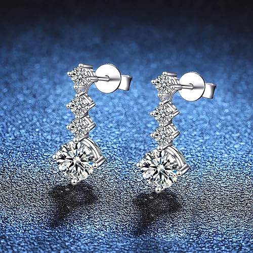 ONE PAIR: 925 Sterling Silver MOISSANITE DROP Earrings HIGH QUALITY MOISSANITE DIAMOND Brilliant ROUND CUT