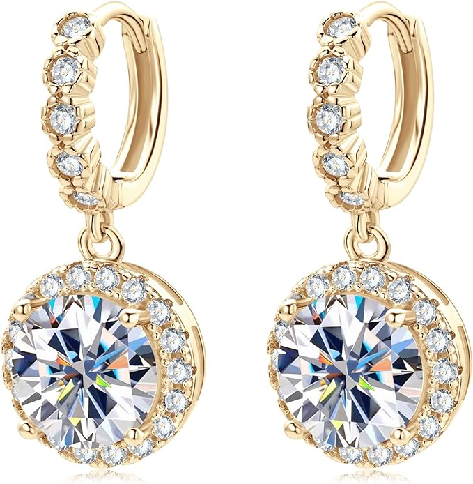 ONE PAIR:18K Gold Plated in 925 Sterling Silver Huggie Hoop Earrings Dangle Drop Earrings HIGH QUALITY MOISSANITE DIAMOND Brilliant ROUND Cut 6ct (9mm/3ct*2)