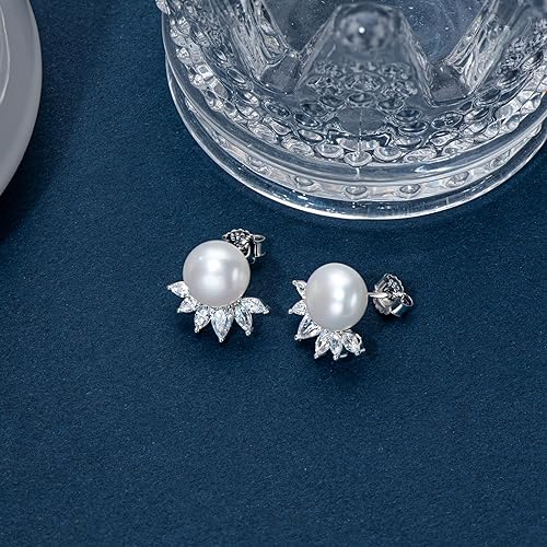 ONE PAIR:  Elegant Freshwater Cultured White Pearl Drop Stud Earrings  AAAA Cubic Zirconia set in Sterling Silver