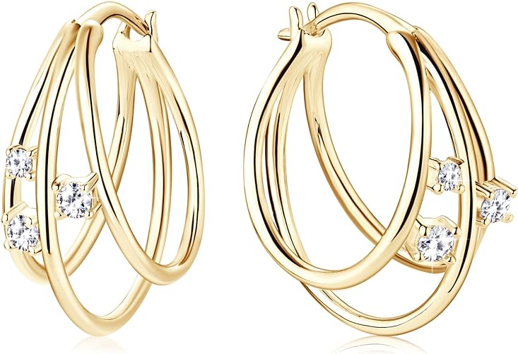 ONE PAIR: MOISSANITE Diamond Earrings, Triple Huggie Illusion Hoop Earrings for Women D Color Lab Create Diamond Hoop Earring 18K Gold Plated 925 Sterling Silver with GRA Certificate Birthday Jewelry Gifts