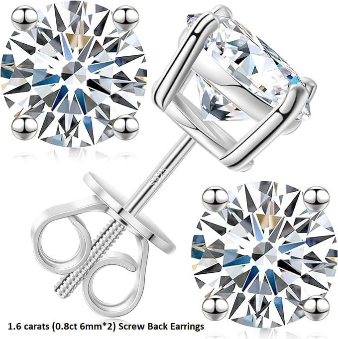 ONE PAIR: of Earrings 1.6 carats (0.8ct 6mm*2) Screw Back HIGH QUALITY MOISSANITE DIAMOND EARRINGS SCREW BACK