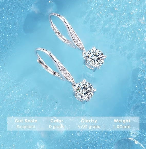 ONE PAIR: 18K White Gold 925 Sterling Silver Dangle Earrings Leverback Drop Earrings  Color  Brilliant Round Cut HIGH QUALITY MOISSANITE DIAMOND 2.0 Carats-(1ct*2)-6.5mm