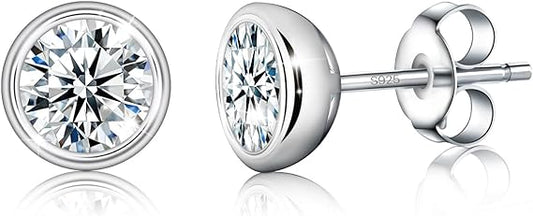 ONE PAIR: 925 Sterling Silver STUD MOISSANITE Earrings  Brilliant ROUND CUT HIGH QUALITY MOISSANITE DIAMOND 18 K White Gold Plated