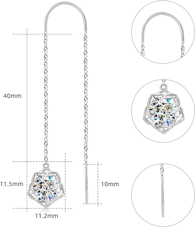 ONE PAIR: MOISSANITE Threader Earrings, Princess Round Cut 0.8-4CT D-E Color MOISSANITE, 18K Gold Plated 925 Sterling Silver, Hypoallergenic, Jewelry Box Packed, Gifts for Her  Earrings  Color: Rose Flower-Silver