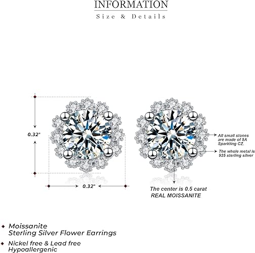 ONE PAIR: 925 Sterling Silver MOISSANITE STUD Earrings HIGH QUALITY MOISSANITE DIAMOND Brilliant ROUND CUT