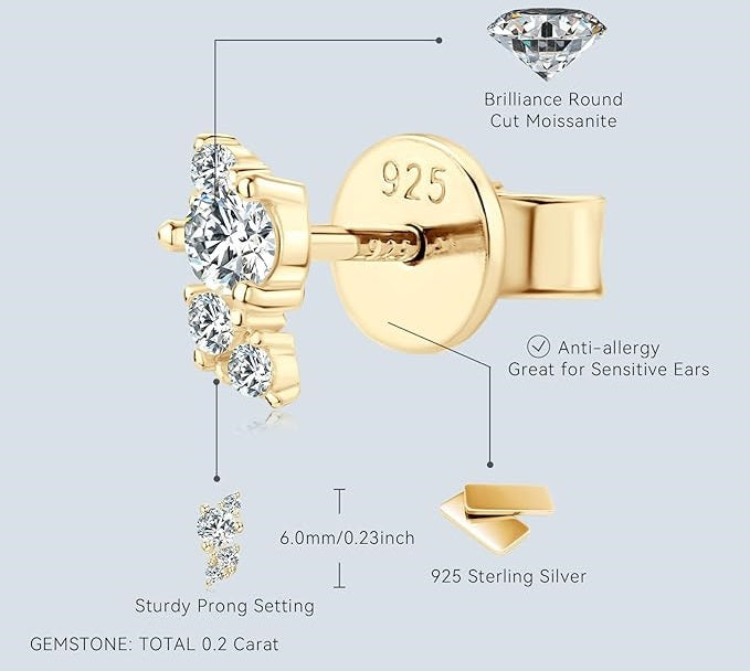 ONE PAIR: Stud Earrings 14K Yellow GOLD OVER 925 STERLING SILVER