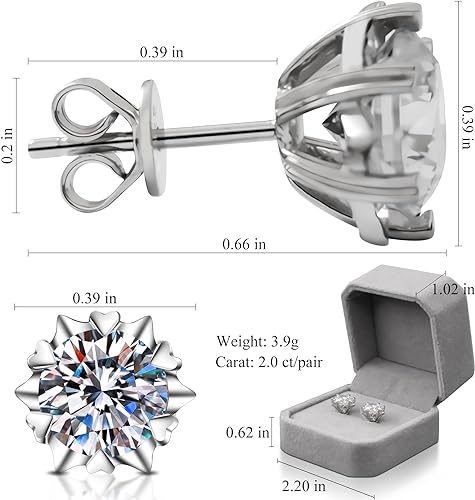 ONE PAIR: MOISSANITE Diamond Earrings, Stud Earrings for Women, 4 Ct D Color VVS Bright Lab Cut Heart Shape Diamond earrings studs Silver Earrings, for Anniversary Celebrations, Birthday Parties, Work Party Travel