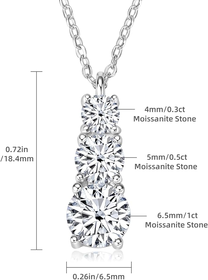 ONE :💎Pendant Necklace 💎 MOISSANITE DIAMOND  1.75CT-3 Stones 925 STERLING SILVER and Solid Gold Plated D Color VVS1 Clarity 15 INCH CHAIN adjustable