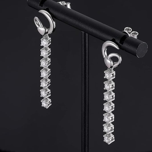 ONE PAIR: of Earrings  Color: Silver Linear Drop HIGH QUALITY MOISSANITE DIAMOND EARRINGS