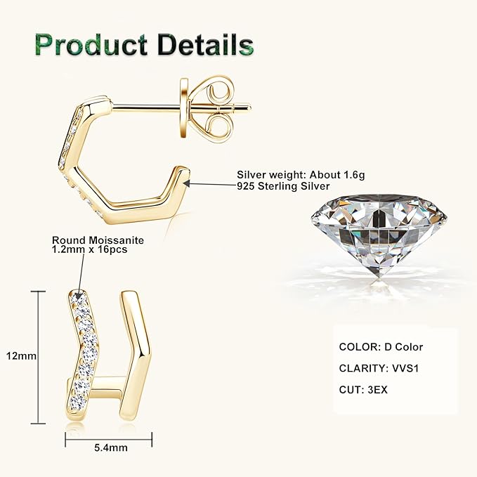 ONE PAIR: Gorgeous C stud Earrings MOISSANITE DIAMONDS D Color VVS1 Clarity Brilliant (16pcs)/1.2mm round MOISSANITE diamonds, 0.13cttw Total weight: about 1.6g.