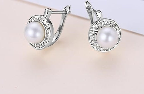 ONE PAIR: Gorgeous Freshwater Cultured White Pearl Drop Stud Earrings MOISSANITE DIAMONDS D Color VVS1 Clarity Brilliant Silver