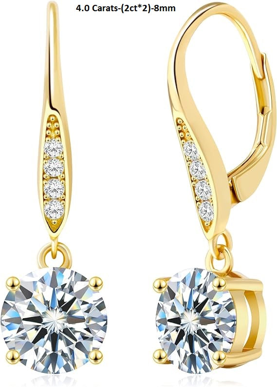 ONE PAIR:18K Gold Plated in 925 Sterling Silver Dangle Earrings Leverback Drop Earrings  Color  Brilliant Round Cut HIGH QUALITY MOISSANITE DIAMOND 3.0 Carats- ROUND 4.0 Carats-(2ct*2)-8mm 18K Gold Plated