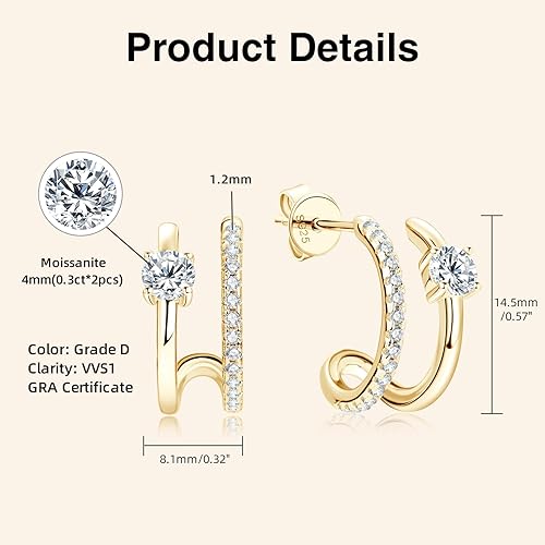 ONE PAIR: 925 Sterling Silver MOISSANITE Earrings HIGH QUALITY MOISSANITE DIAMOND Brilliant ROUND CUT Color: 4MM-Double Hoops-Yellow