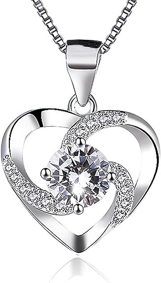 ONE : 💎Pendant Heart Necklace 💎 MOISSANITE DIAMOND Style: Spiral Heart Cut D Color VVS1 Clarity 14K White Gold Plated OVER 925 Sterling Silver Necklace