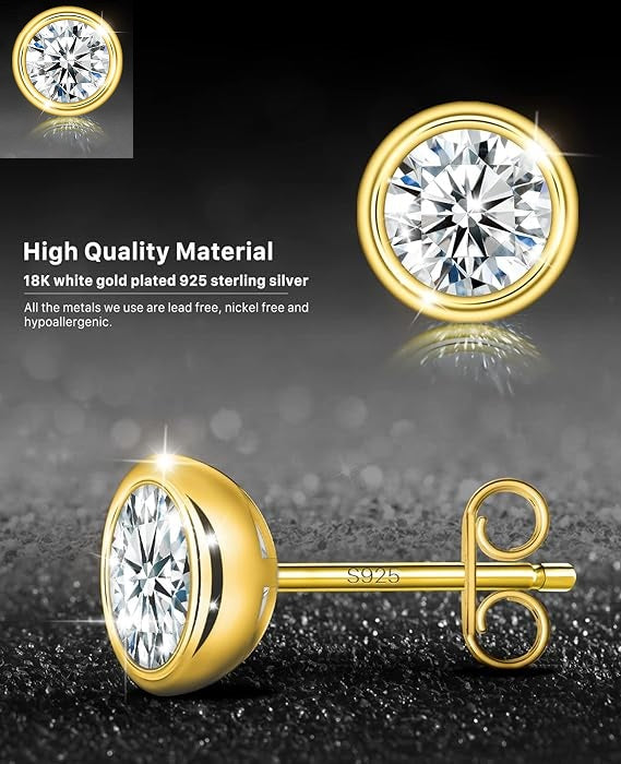 ONE PAIR: 925 Sterling Silver STUD MOISSANITE Earrings  Brilliant ROUND CUT HIGH QUALITY MOISSANITE DIAMOND 18 K Gold Plated 2 carats-(1ct*2)-6.5mm