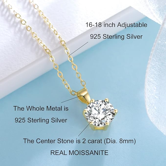 ONE : 💎Pendant Necklace 💎 MOISSANITE DIAMOND Style: Solitaire(18K Yellow Gold) OVER 925 Sterling Silver Necklace) 2CT D Color VVS1 Clarity