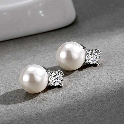 ONE PAIR:  Elegant Freshwater Cultured White 9mm Pearl Drop Stud Earrings MOISSANITE DIAMONDS D Color VVS1 Clarity Brilliant Silver