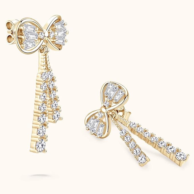 ONE PAIR: Gorgeous Bowknot stud drop dangle earrings MOISSANITE DIAMONDS D Color VVS1 Clarity Brilliant (2pcs)/5mm MOISSANITE diamonds, 1.0cttw per pair 18K Yellow Gold