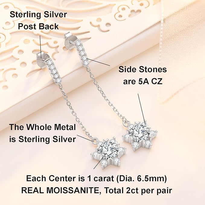 ONE PAIR: MOISSANITE DIAMONDS Style: Snowflake Dangle Earrings, DF Color Ideal Cut Simulated Diamond 925 Sterling Silver Earrings for Women with Certificate of Authenticity