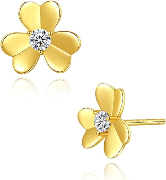 ONE PAIR: Stud Earrings 14K YELLOW GOLD PLATED MOISSANITE DIAMONDS FLOWER