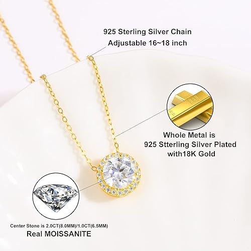 ONE :💎Pendant Necklace 💎MOISSANITE DIAMOND Color: SILVER 18K YELLOW GOLD PLATED-S925-2.0CT