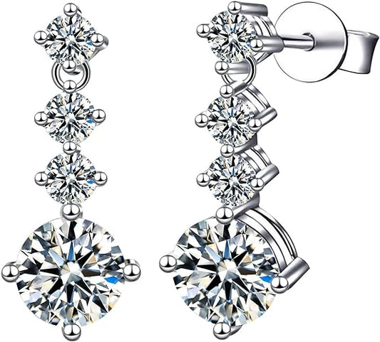 ONE PAIR: 925 Sterling Silver MOISSANITE DROP Earrings HIGH QUALITY MOISSANITE DIAMOND Brilliant ROUND CUT