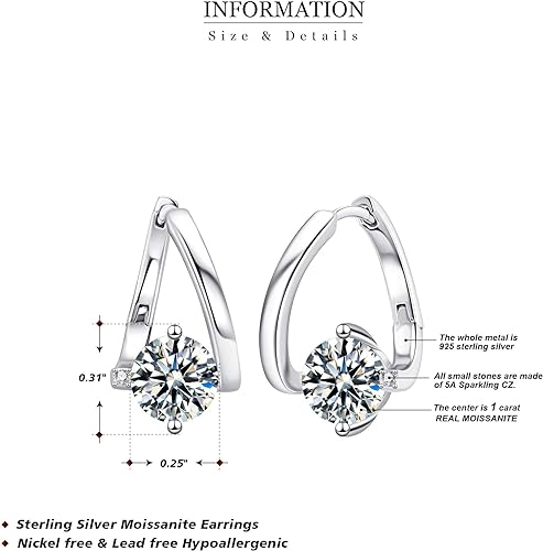 ONE PAIR: 925 Sterling Silver MOISSANITE HOOP Earrings HIGH QUALITY MOISSANITE DIAMOND Brilliant ROUND CUT