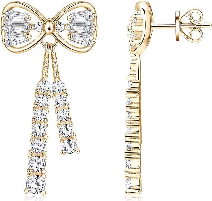 ONE PAIR: Gorgeous Bowknot stud drop dangle earrings MOISSANITE DIAMONDS D Color VVS1 Clarity Brilliant (2pcs)/5mm MOISSANITE diamonds, 1.0cttw per pair 18K Yellow Gold