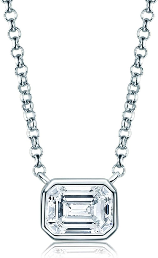 ONE : 💎Pendant Necklace 💎 MOISSANITE DIAMOND Style: Emerald Cut (18K White Gold) OVER 925 Sterling Silver Necklace)-1CT Cut D Color VVS1 Clarity