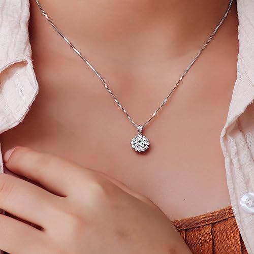 ONE : 💎Pendant Necklace 💎 MOISSANITE DIAMOND Style: Sun Flower (18K WHITE Gold) OVER 925 Sterling Silver Necklace) D Color VVS1 Clarity 1CT