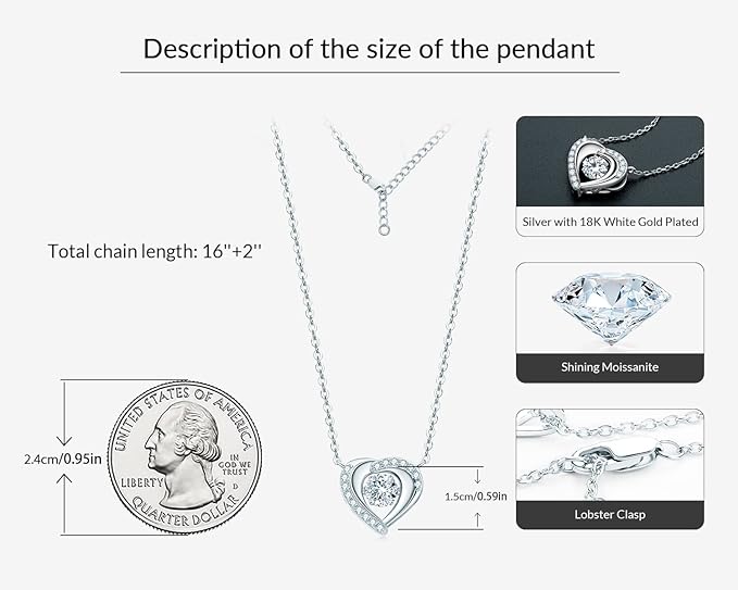 ONE :💎Pendant Necklace💎 Color: Dancing Heart-0.8ct MOISSANITE DIAMOND WHITE GOLD PLATED OVER 925 STERLNG SILVER