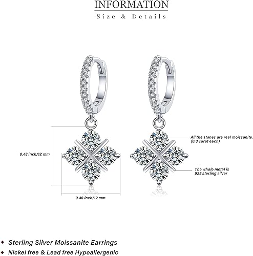 ONE PAIR: 925 Sterling Silver MOISSANITE DROP HOOP Earrings HIGH QUALITY MOISSANITE DIAMOND Brilliant ROUND CUT