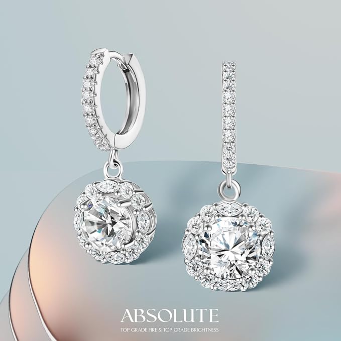 ONE PAIR: 925 Sterling Silver HOOP DROP MOISSANITE Earrings  Brilliant ROUND CUT HIGH QUALITY MOISSANITE DIAMOND 18 K White Gold Plated