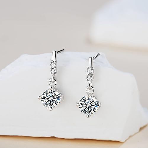 ONE PAIR: 925 Sterling Silver MOISSANITE DANGLE Earrings HIGH QUALITY MOISSANITE DIAMOND Brilliant ROUND CUT