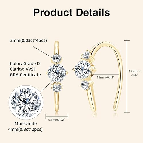 ONE PAIR: 925 Sterling Silver MOISSANITE Earrings HIGH QUALITY MOISSANITE DIAMOND Brilliant ROUND CUT Color: 4MM-Open Hoops-Yellow