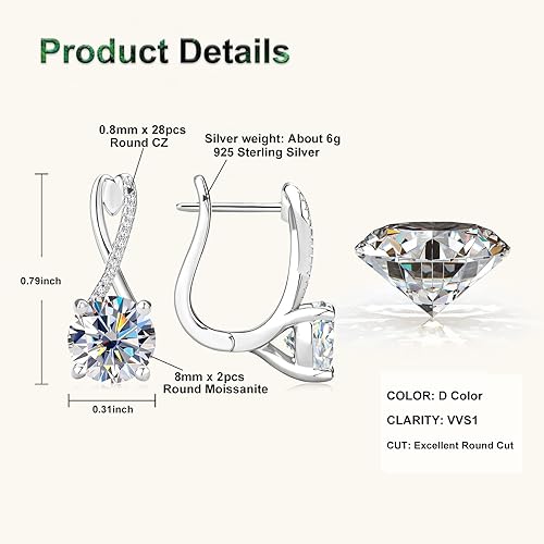 ONE PAIR: 2CT MOISSANITE Infinity Hoop Earrings for Women, D Color Lab Create Diamond Round Cut Twisted Hoop Earring 18K WHITE Gold Plated 925 Sterling Silver with GRA Certificate