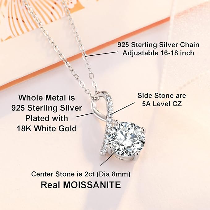 ONE : 💎Pendant Necklace 💎 MOISSANITE DIAMOND Style: SCARF (18K WHITE Gold) OVER 925 Sterling Silver Necklace) D Color VVS1 Clarity 6 PRONG 2CT