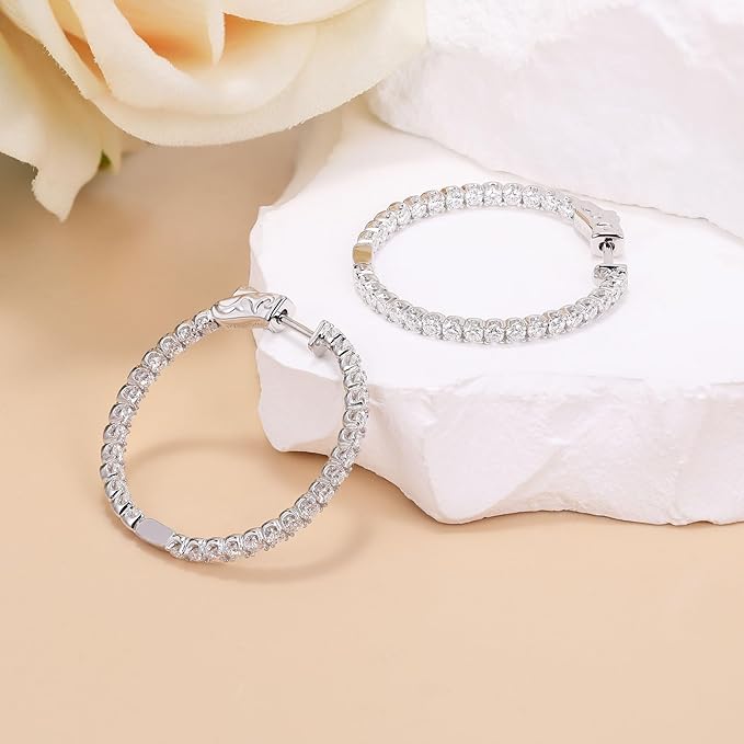 ONE PAIR: MOISSANITE Hoop Earrings for Women S925 Sterling Silver D Color VVS1 Round Cut Lab Created MOISSANITE Earrings Inside Out Round Loops Earrings Hypoallergenic Large Huggie Hoop Earrings  Color: 1.86ct